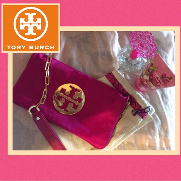 Tory Burch Handbags - Tory Burch Reva satin/leather clutch w/gold chain